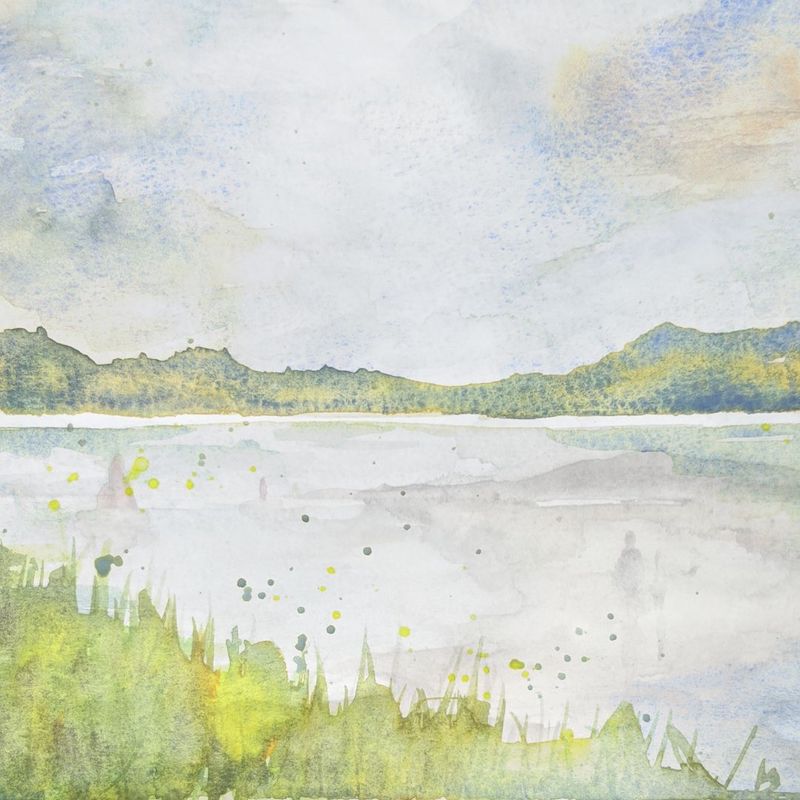 Watercolour landscape of sea and hills in soft greens and blues by Ashley Ruth Stirlung
