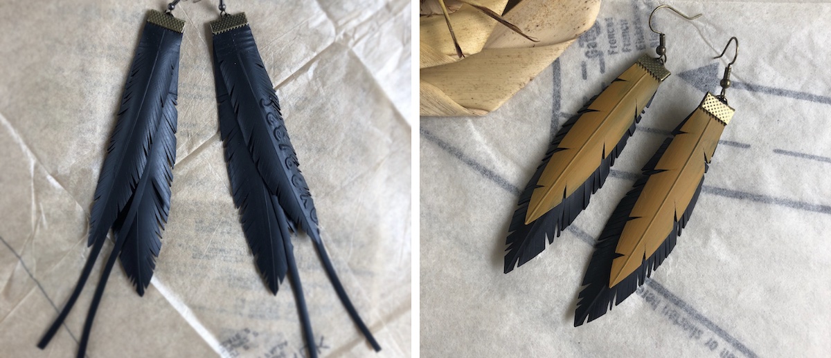 Two sets of earrings which look like feathers, actually made from recycled bike tubes