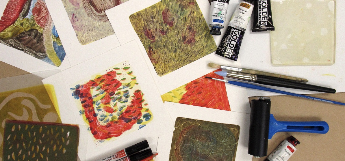 Gelli plate, prints and materials courtesy Gordon Harris Art Supplies