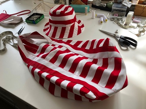Red and white striped hat and tote