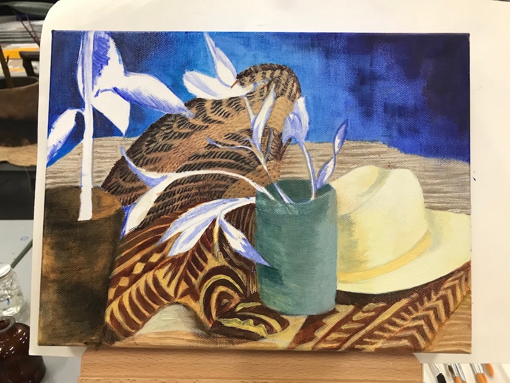 Student artwork from February 2024 Intro to Oil Painting. Picture of still life plants, vase, hat and tapa cloth.