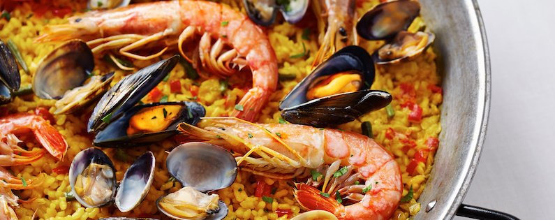 Pan of paella with seafood